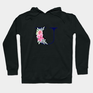 Watercolor Floral Letter U in Navy Hoodie